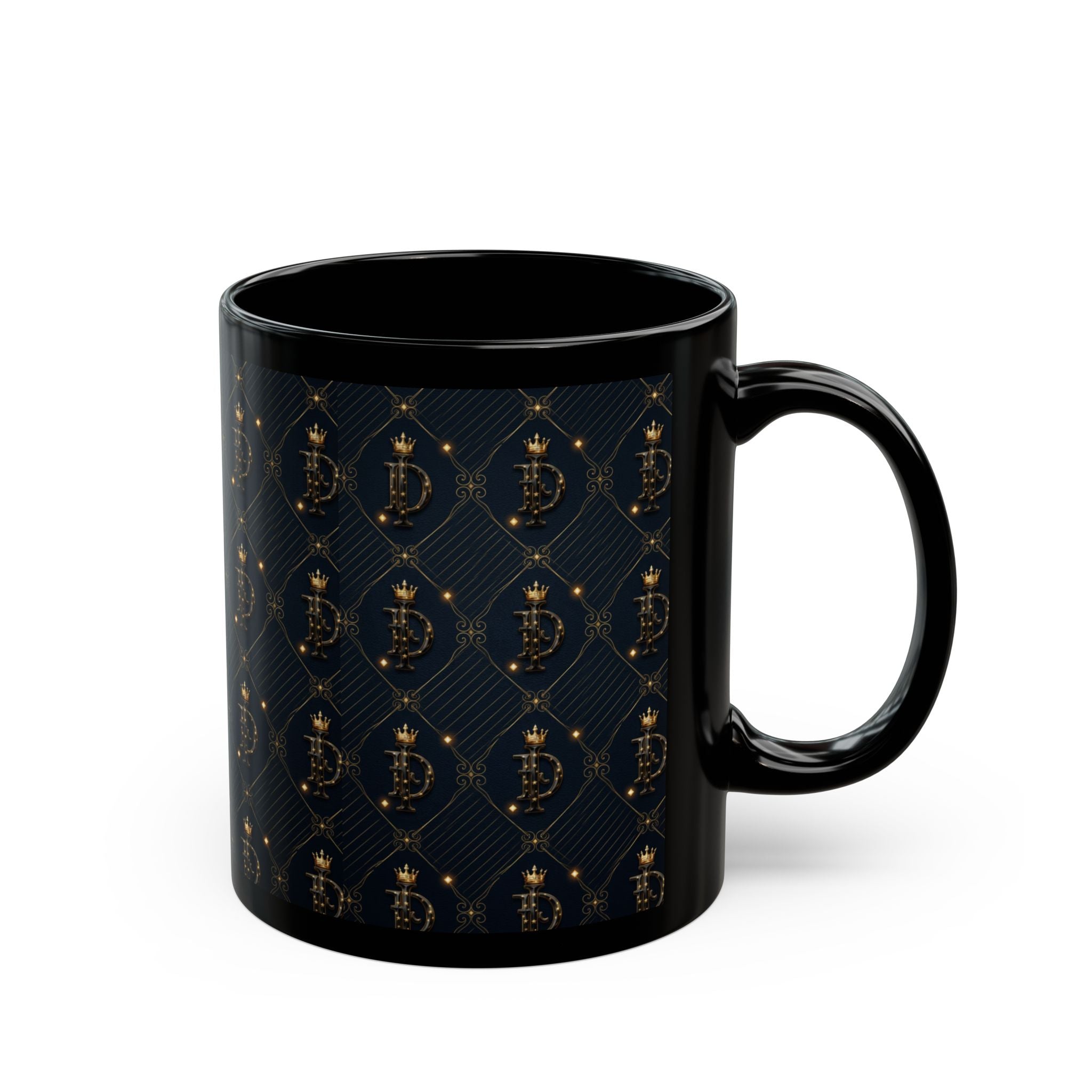 IMAGO DEI Black Mug — Elegant Gold Crest Pattern Coffee Cup