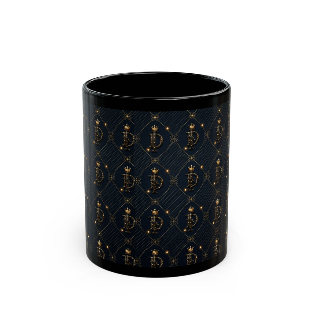 IMAGO DEI Black Mug — Elegant Gold Crest Pattern Coffee Cup