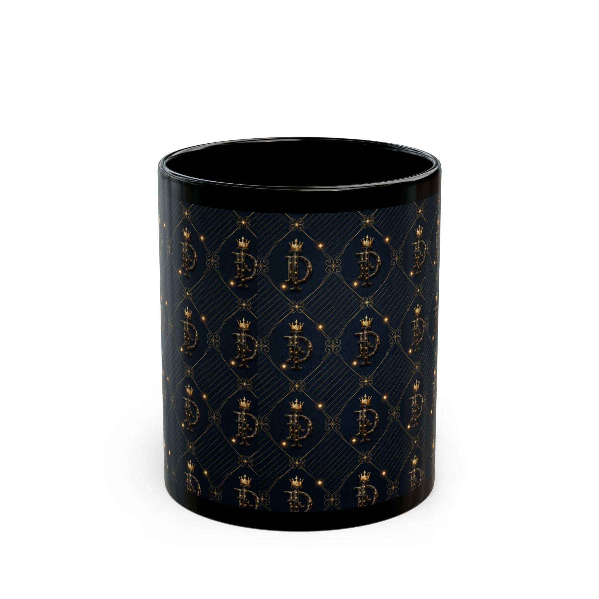 IMAGO DEI Black Mug — Elegant Gold Crest Pattern Coffee Cup