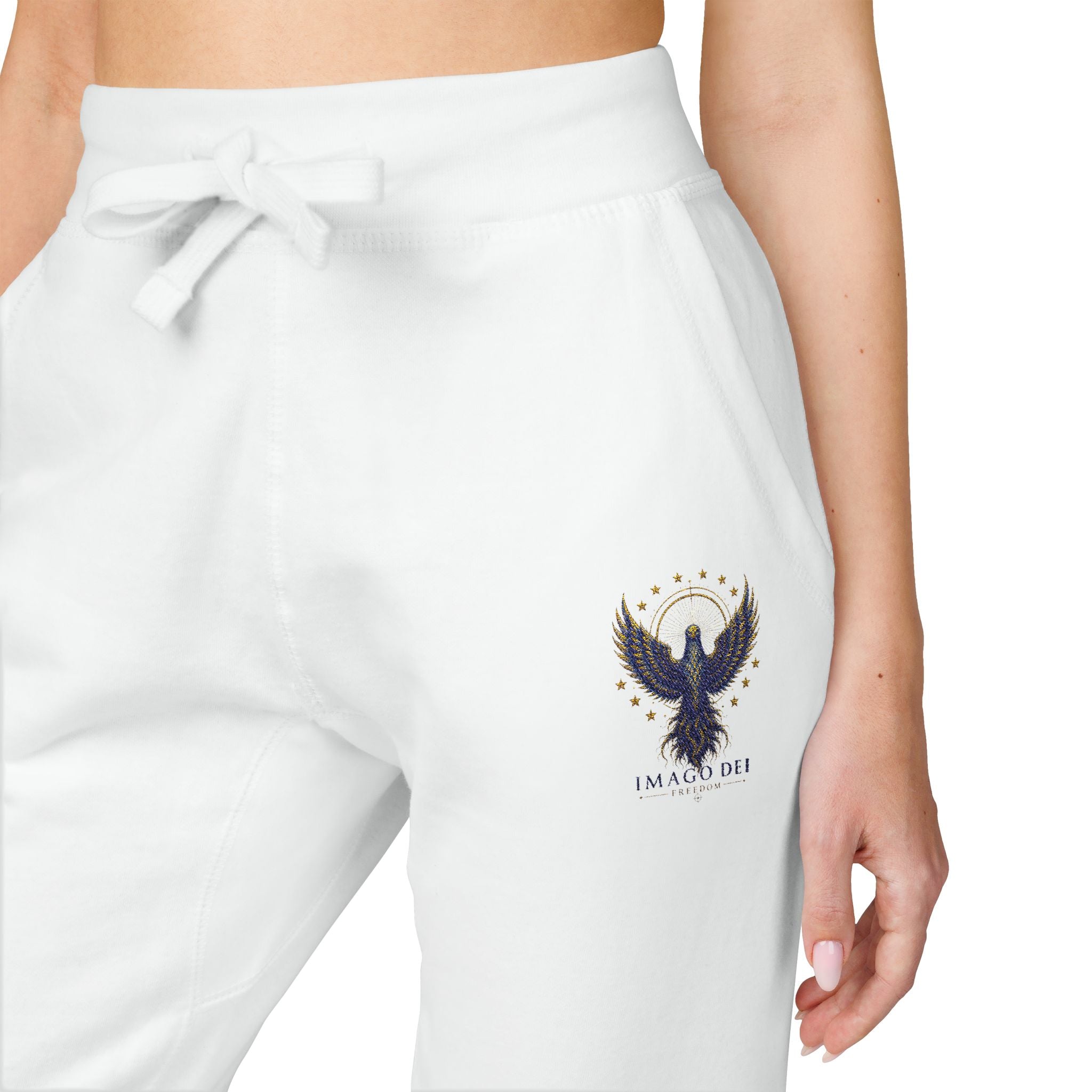 Embroidered IMAGO DEI Fleece Sweatpants — Cozy White Joggers (Freedom Collection)