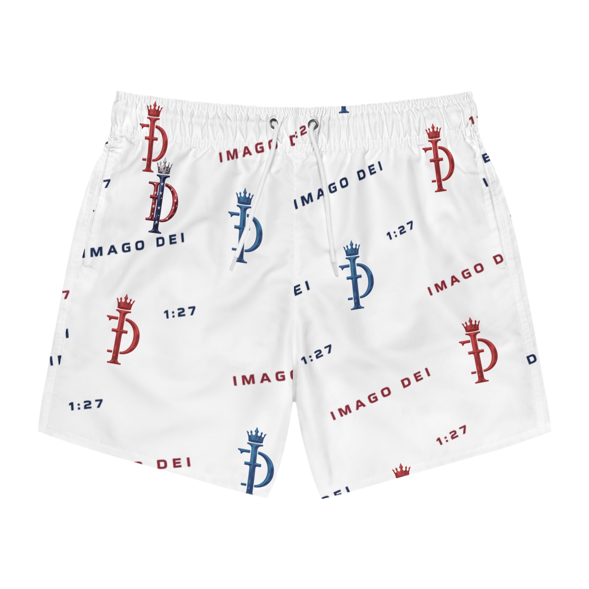 Imago Dei Swim Trunks — Red & Blue Logo All-Over Print