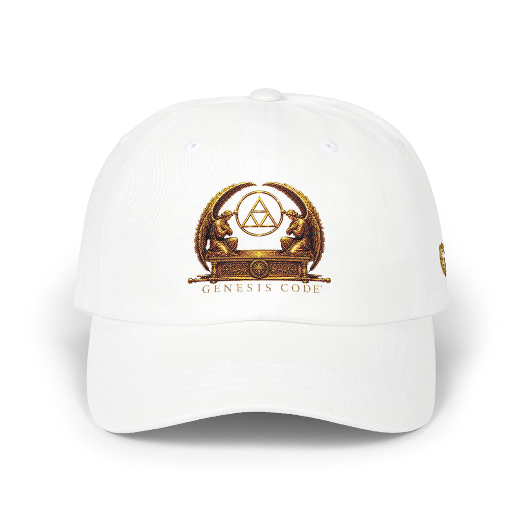 Embroidered Gold Genesis Code Crest Dad Cap — Classic White Baseball Hat