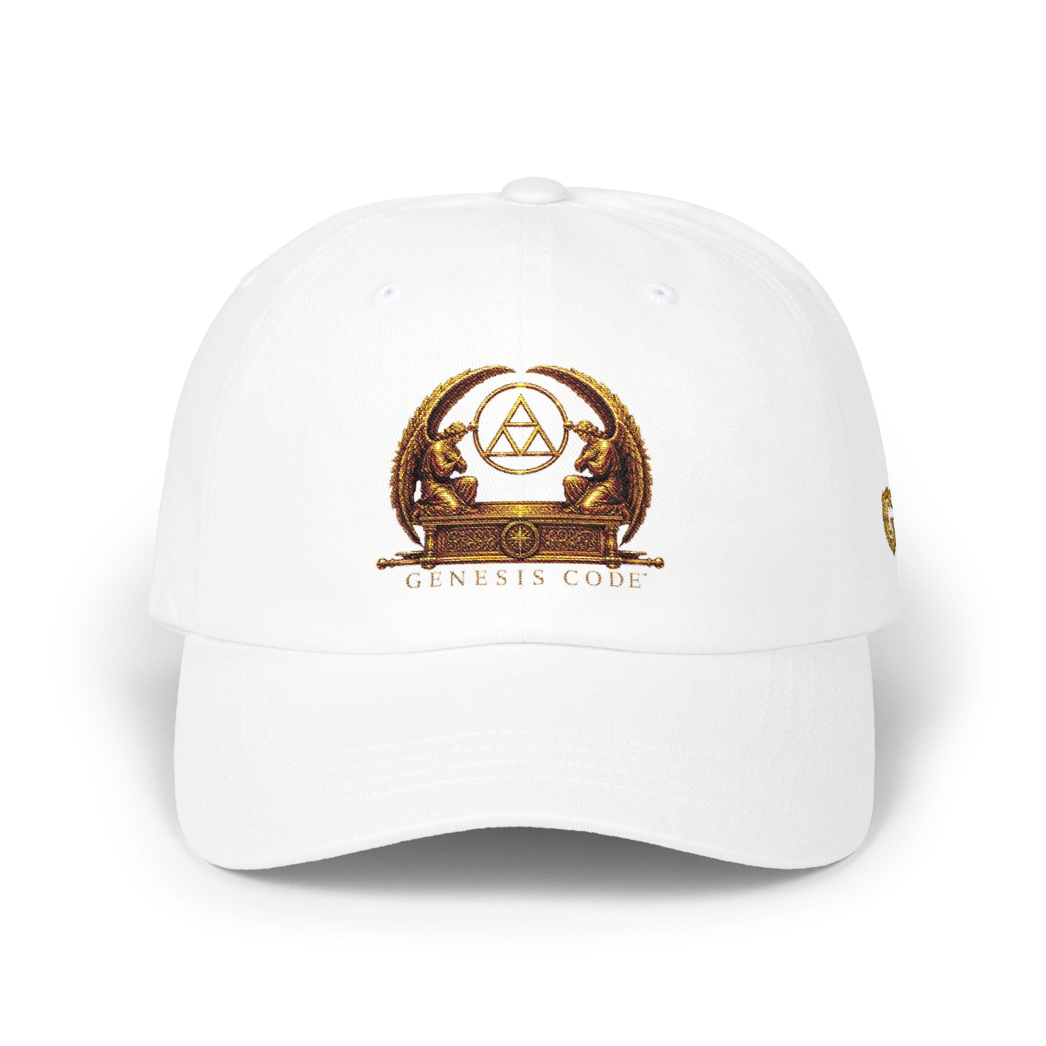 Embroidered Gold Genesis Code Crest Dad Cap — Classic White Baseball Hat