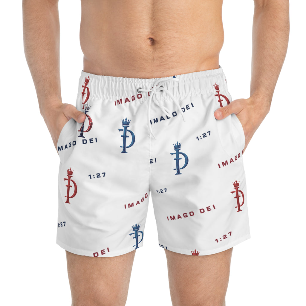 Imago Dei Swim Trunks — Red & Blue Logo All-Over Print