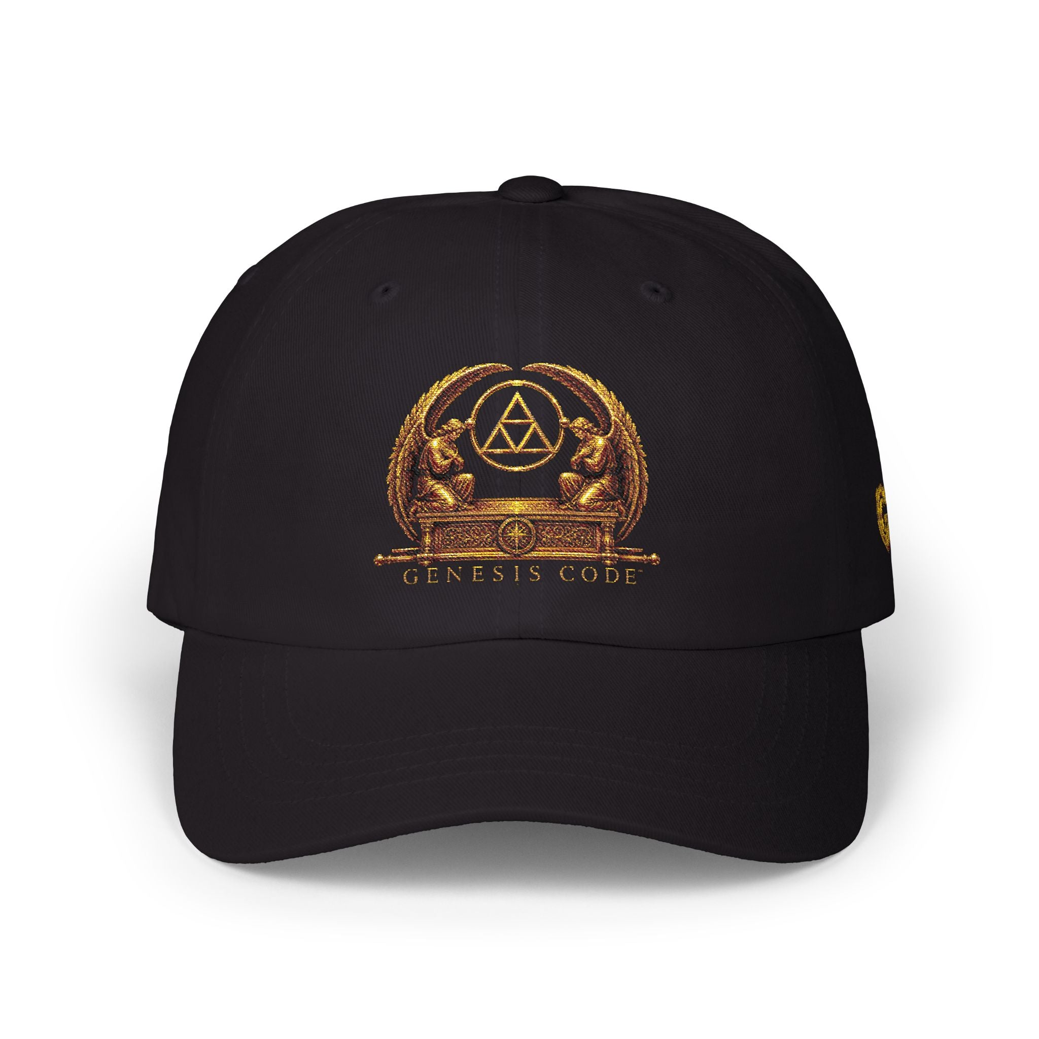 Embroidered Gold Genesis Code Crest Dad Cap — Classic White Baseball Hat