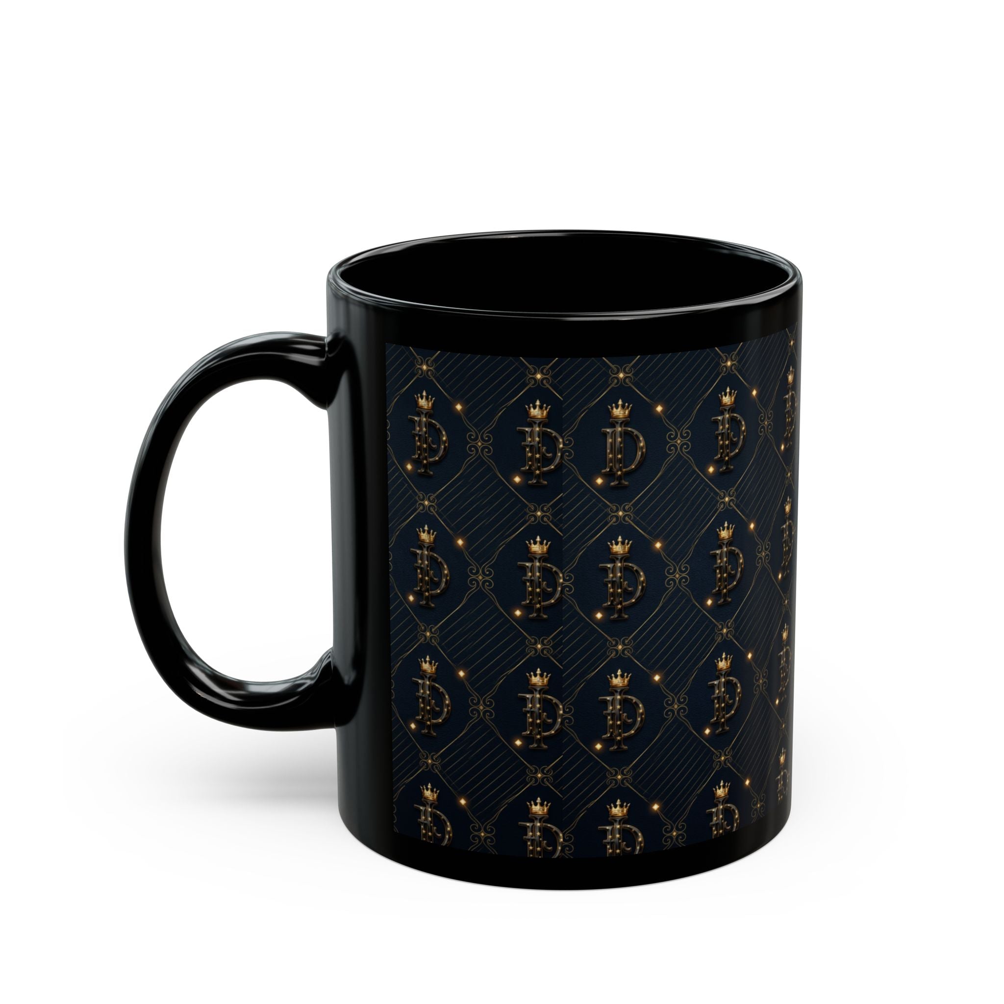 IMAGO DEI Black Mug — Elegant Gold Crest Pattern Coffee Cup