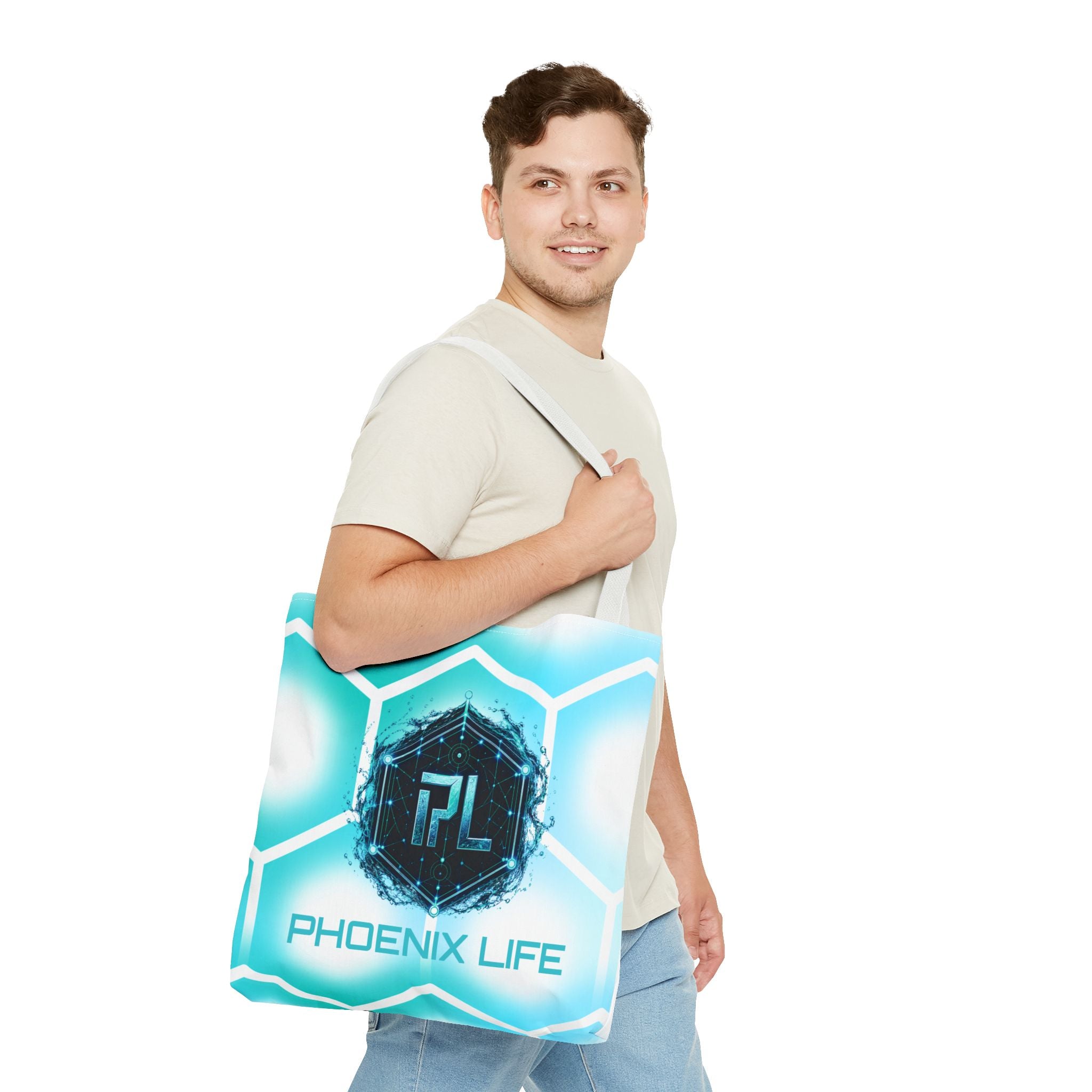 Phoenix Life "AQUA Matrix" Tote Bag - Blue Geometric All-Over Print