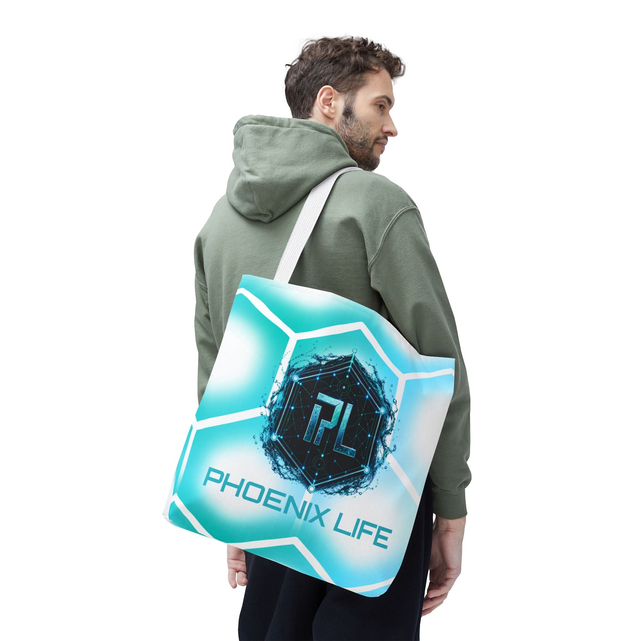 Phoenix Life "AQUA Matrix" Tote Bag - Blue Geometric All-Over Print