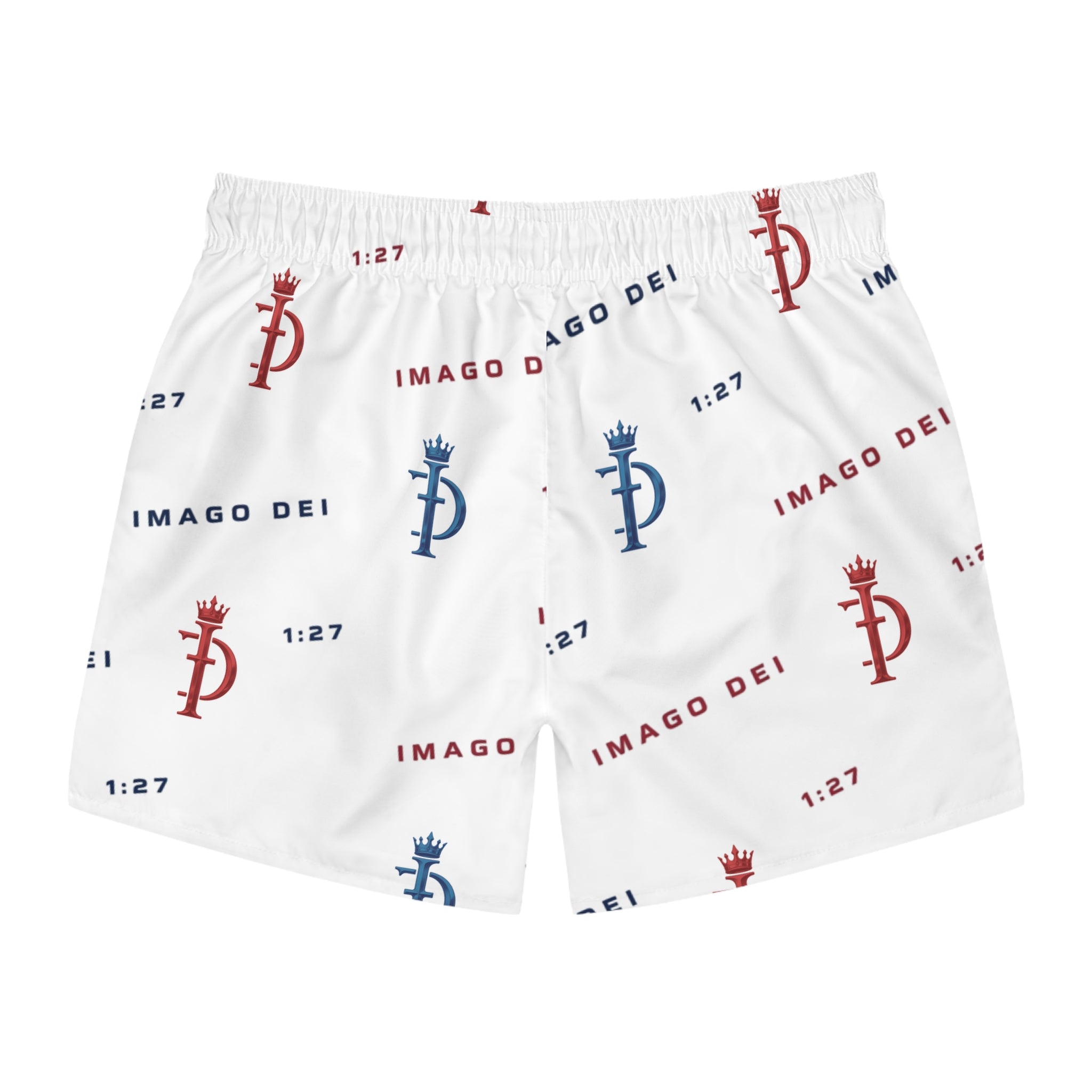 Imago Dei Swim Trunks — Red & Blue Logo All-Over Print