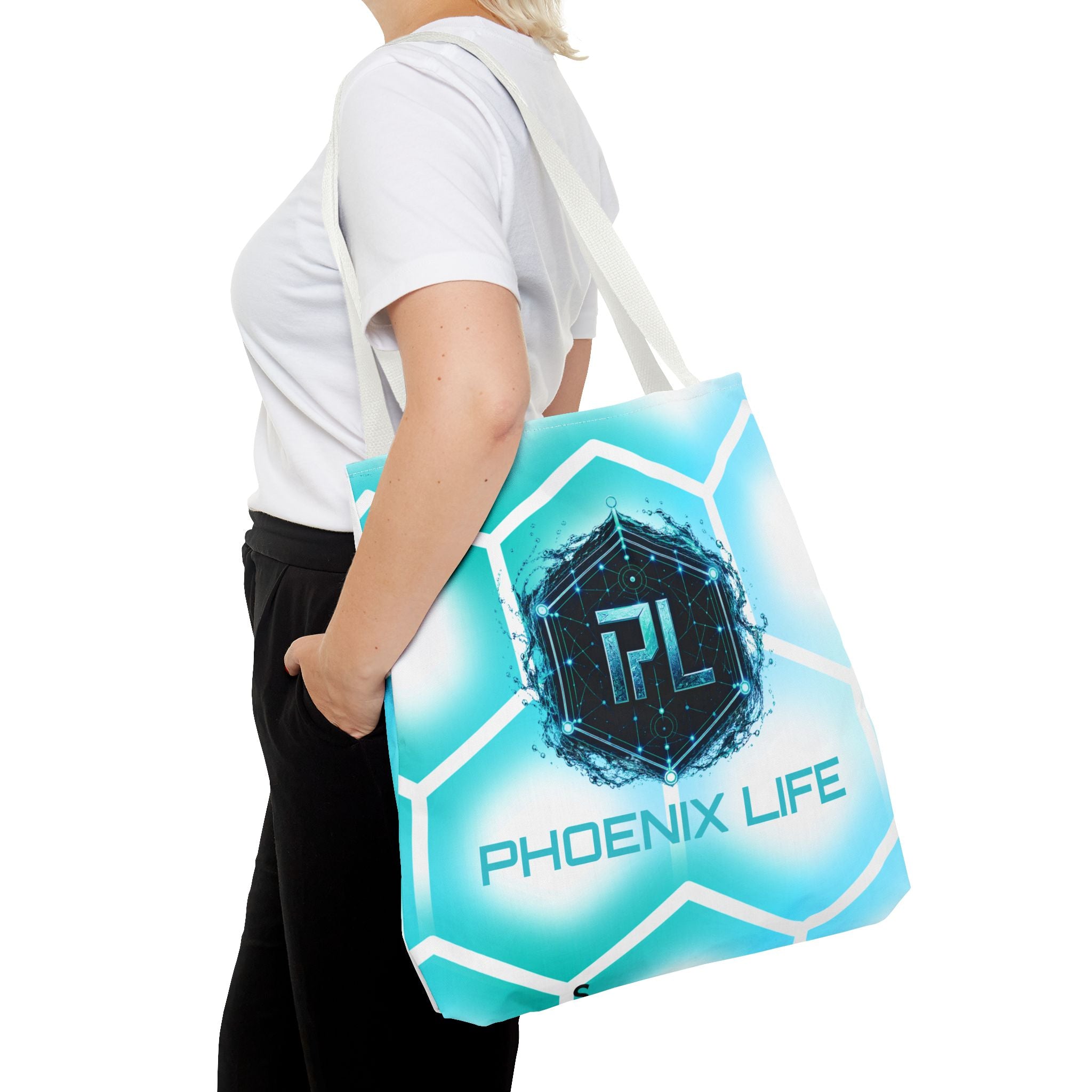 Phoenix Life "AQUA Matrix" Tote Bag - Blue Geometric All-Over Print