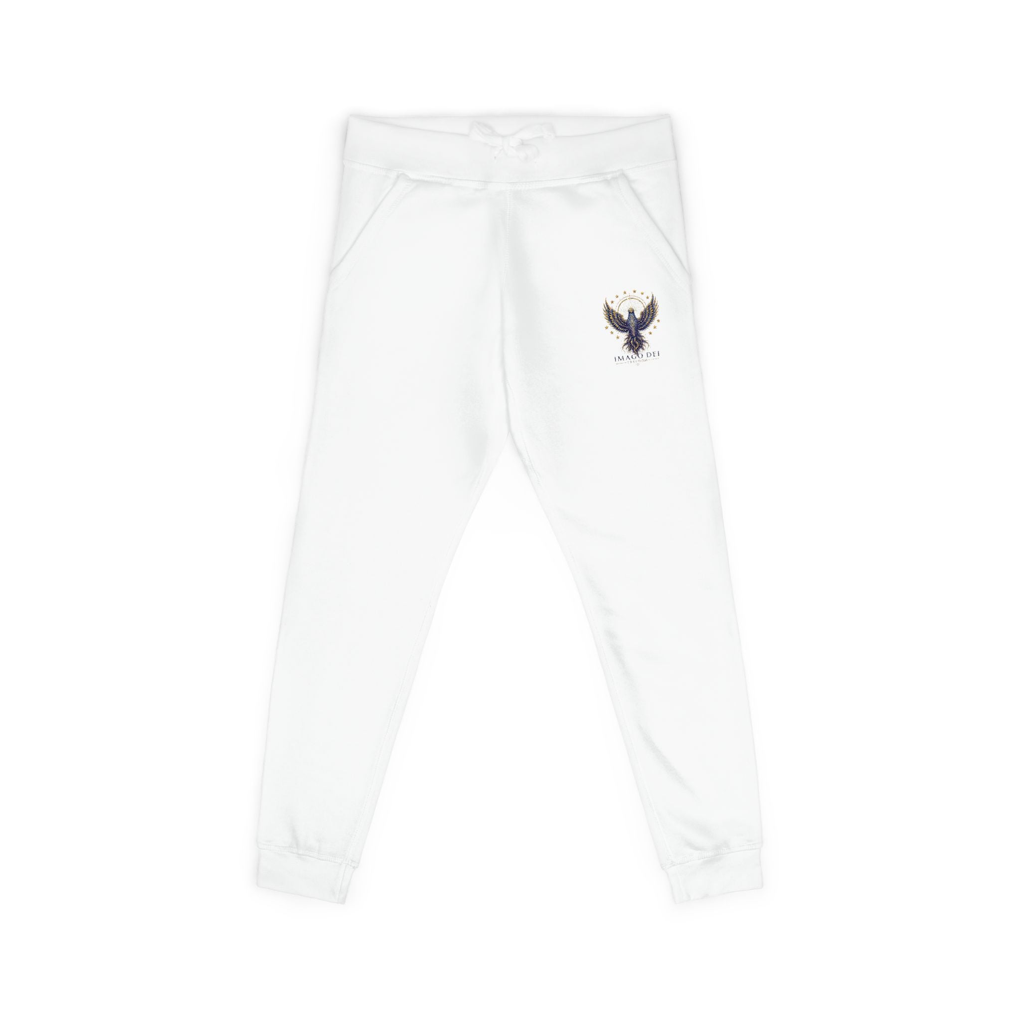 Embroidered IMAGO DEI Fleece Sweatpants — Cozy White Joggers (Freedom Collection)