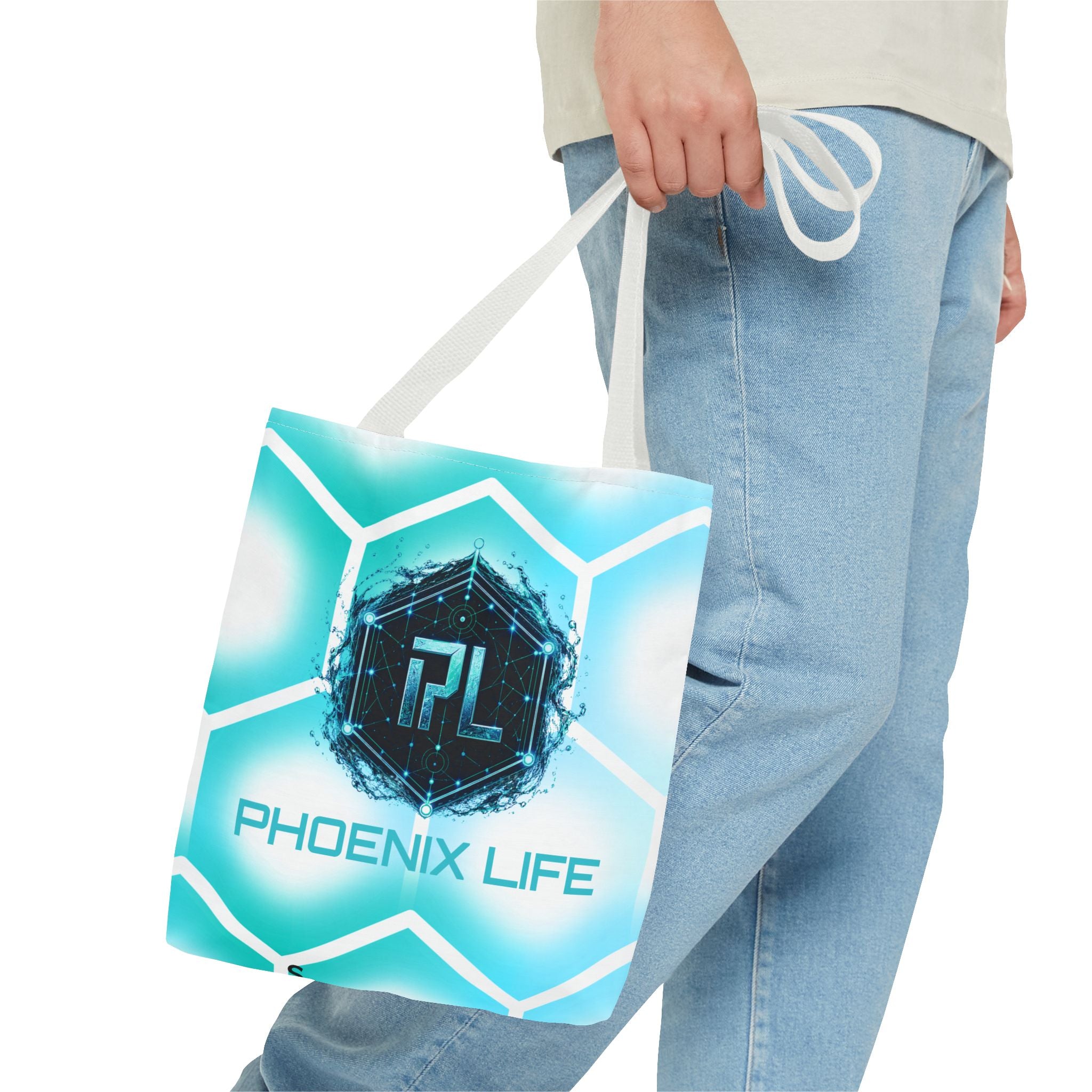 Phoenix Life "AQUA Matrix" Tote Bag - Blue Geometric All-Over Print