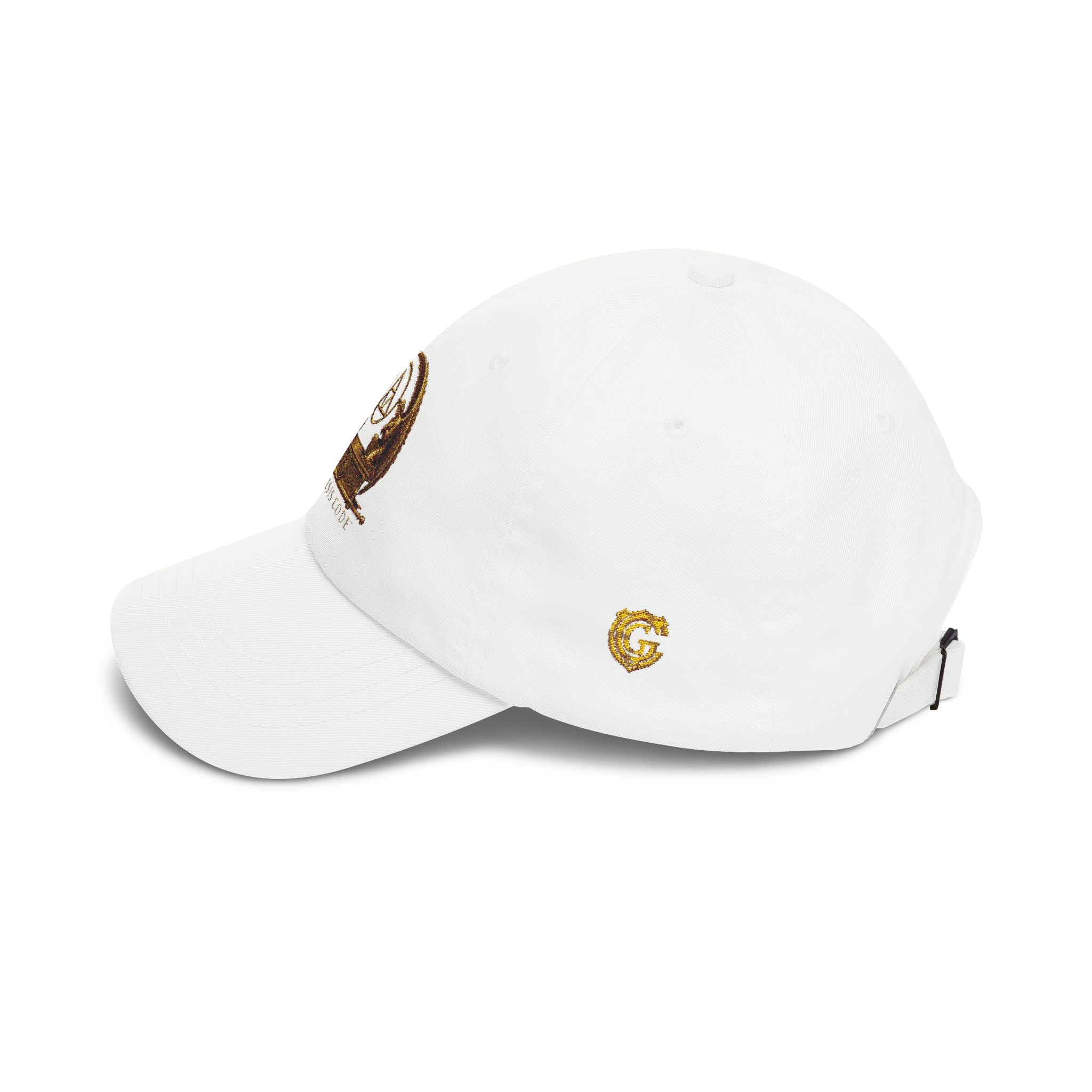 Embroidered Gold Genesis Code Crest Dad Cap — Classic White Baseball Hat