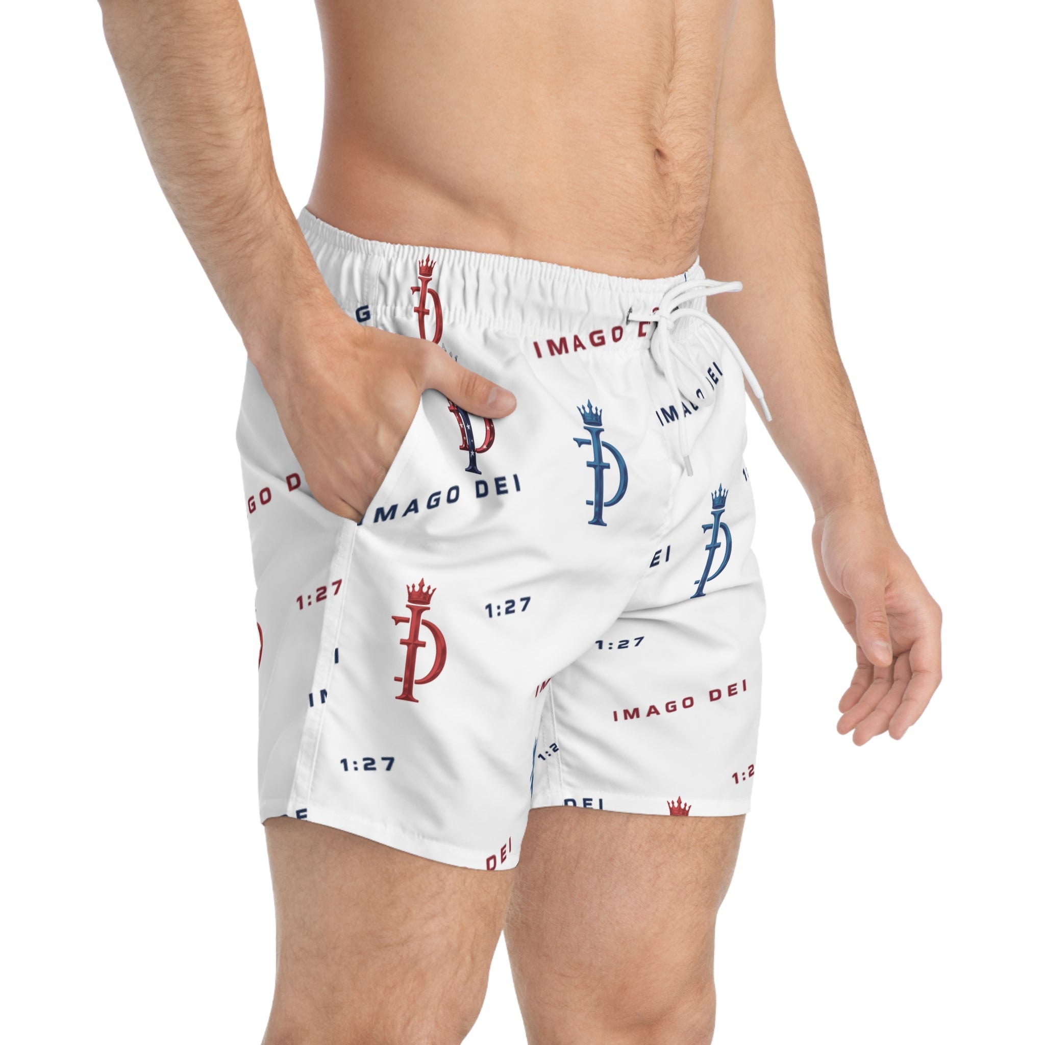 Imago Dei Swim Trunks — Red & Blue Logo All-Over Print