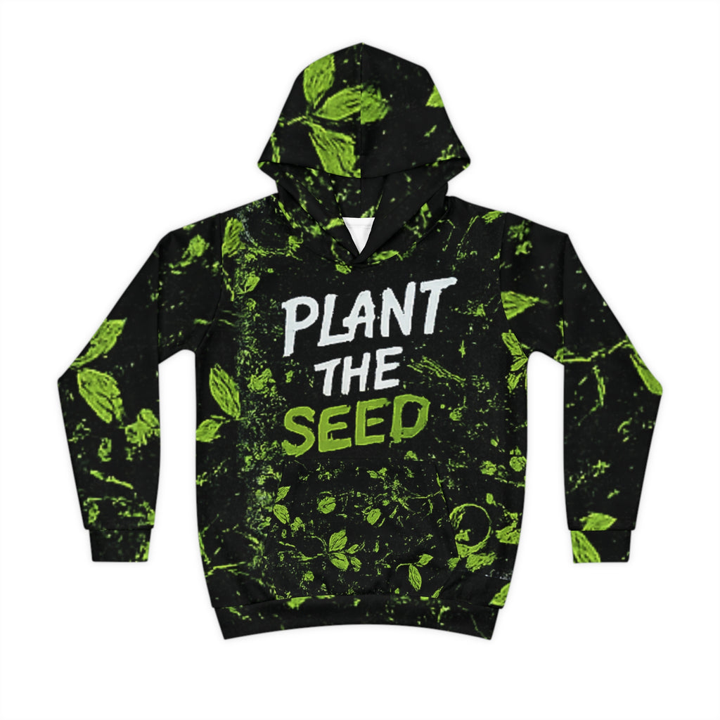 'Plant the Seed' Kids Hoodie — Green Leaf All-Over Print