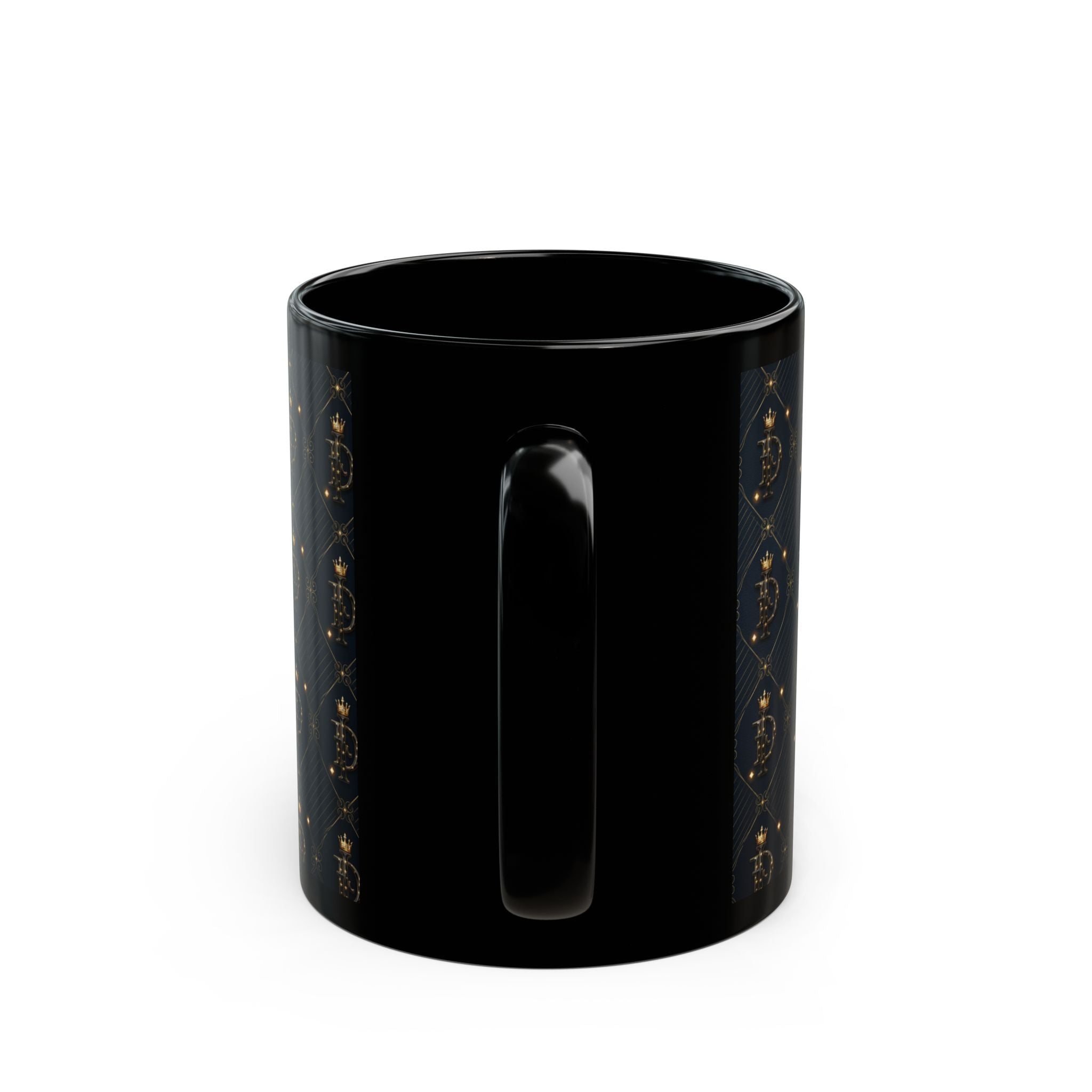 IMAGO DEI Black Mug — Elegant Gold Crest Pattern Coffee Cup