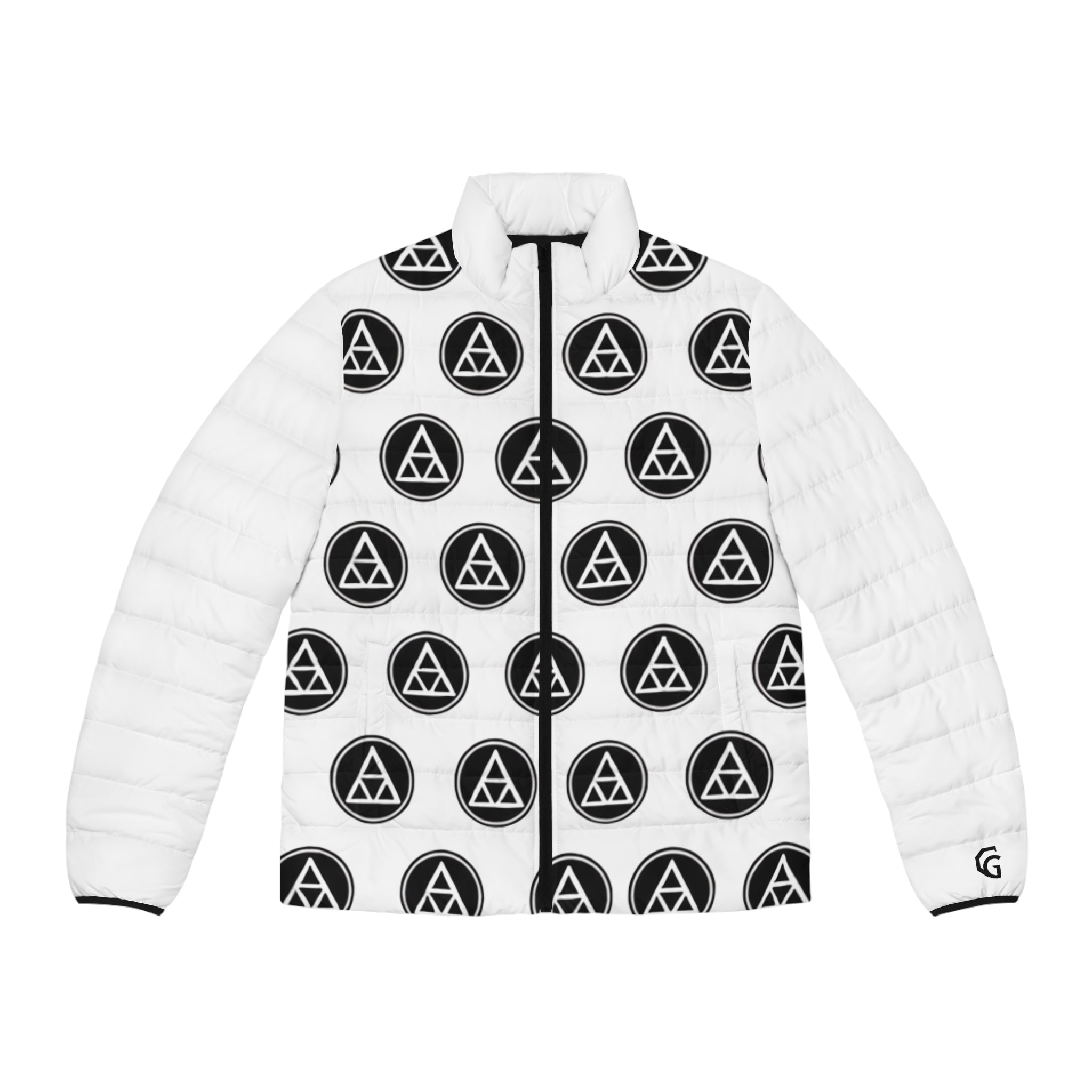 HALO ARMOR Puffer Jacket — White w/ Black Geometric Genesis Code Origin All Over Print