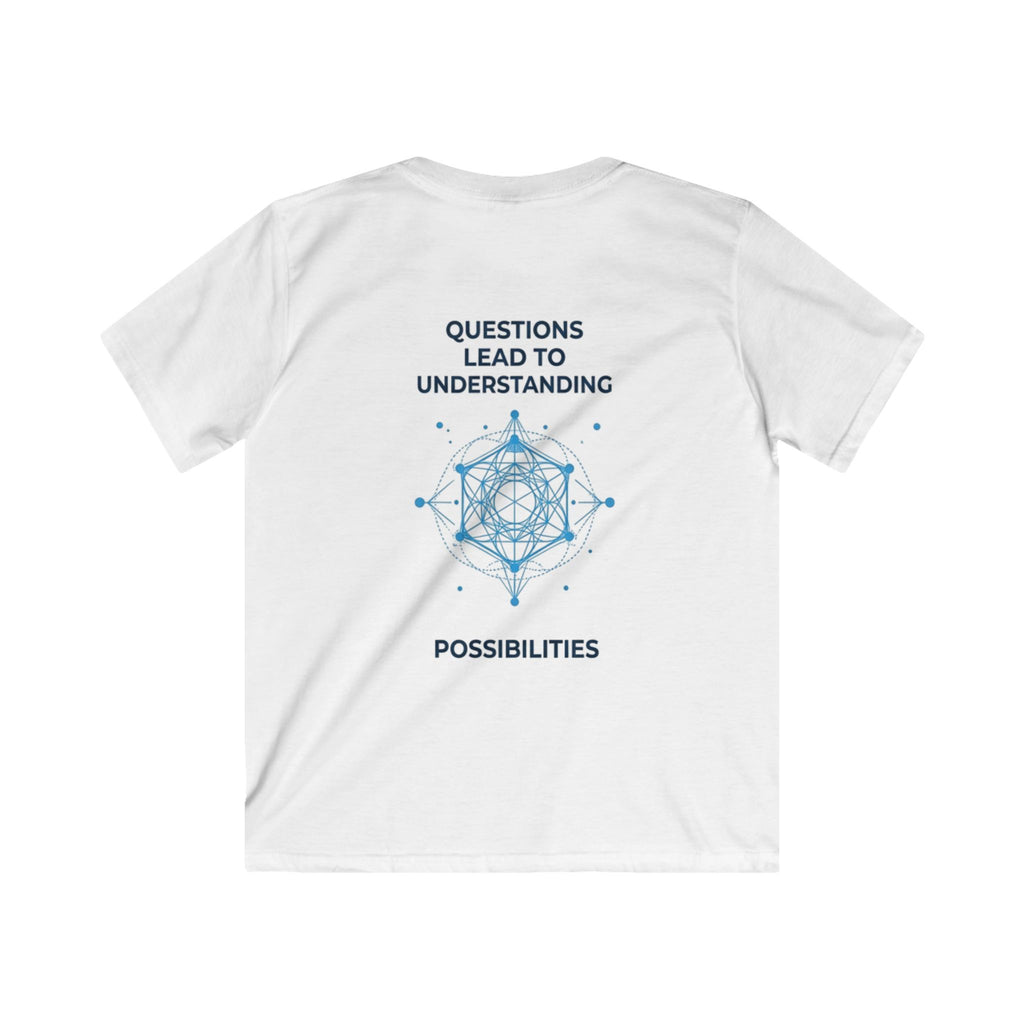 Kids Tee — 'NEO' Robot Graphic with 'Questions Lead to Understanding, Possibilities' Backprint
