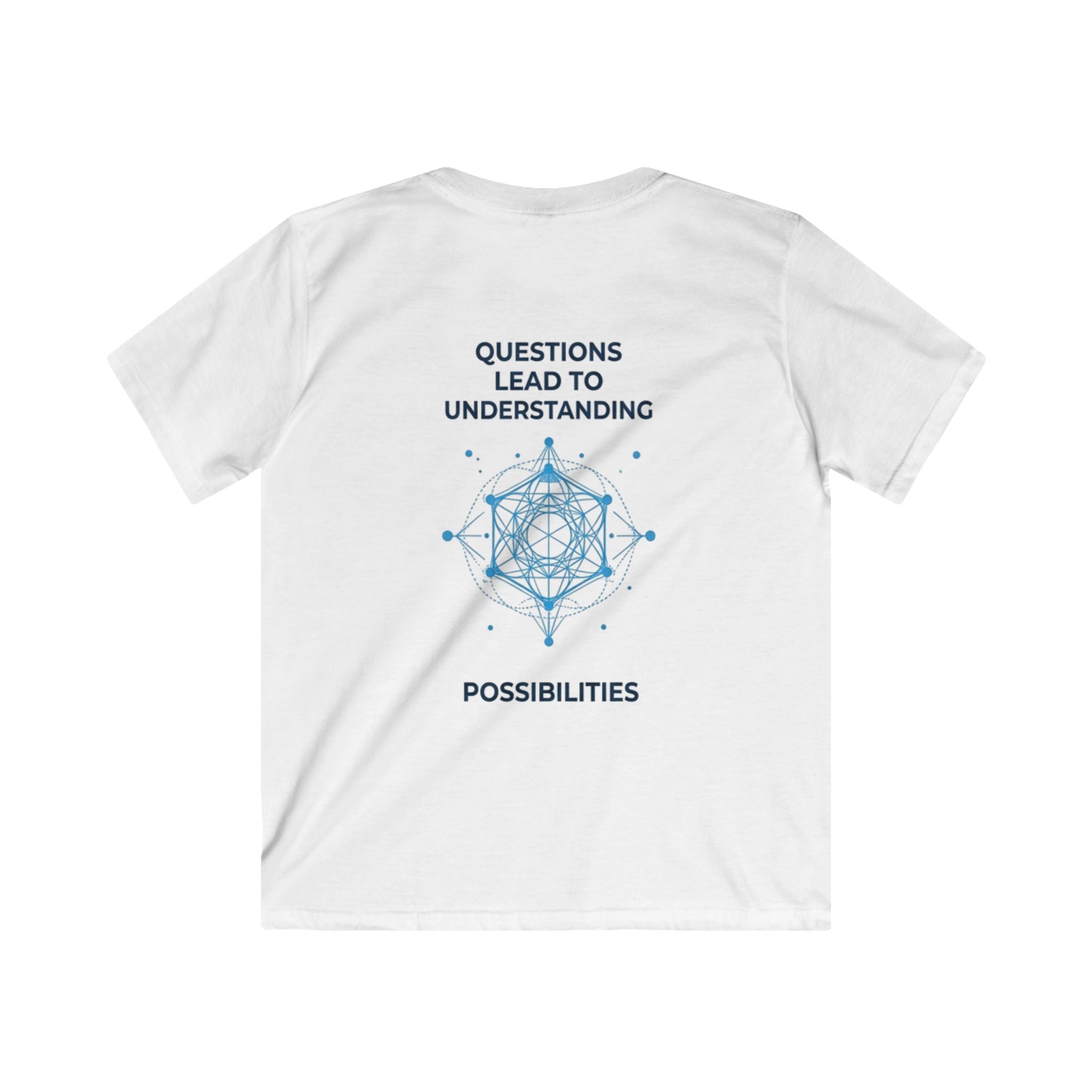 Kids Tee — 'NEO' Robot Graphic with 'Questions Lead to Understanding, Possibilities' Backprint