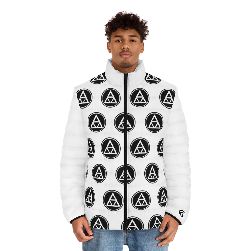 HALO ARMOR Puffer Jacket — White w/ Black Geometric Genesis Code Origin All Over Print