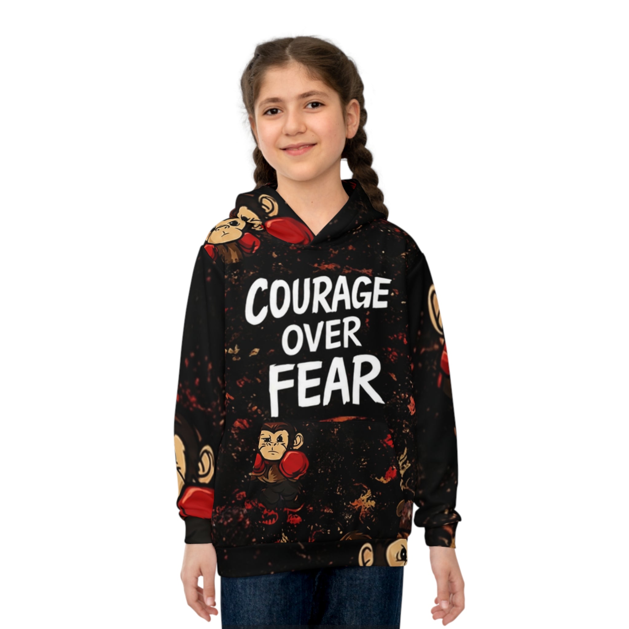 'Punch Monkey' Kids' Hoodie — 'Courage Over Fear' All-Over Print