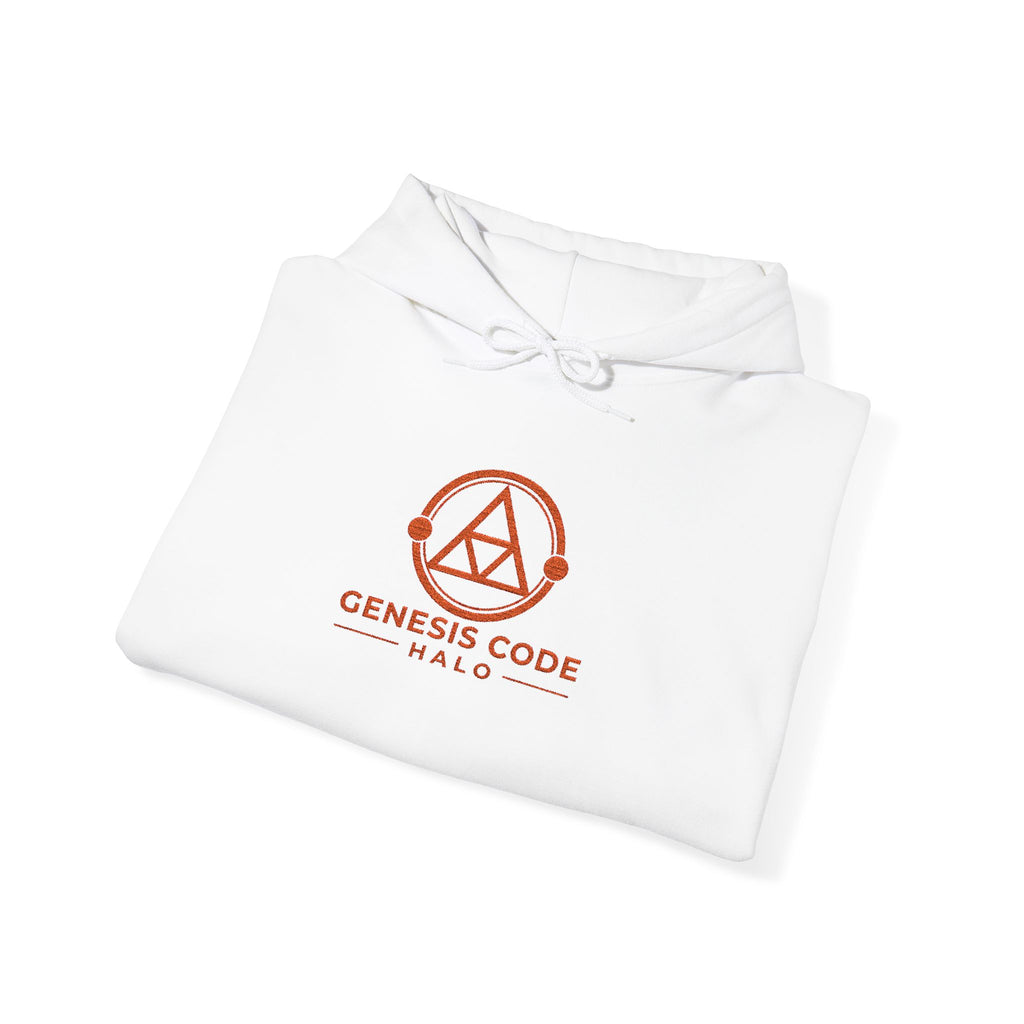 Genesis Code HALO ARMOR (White) Hooded Sweatshirt – Minimal Geometric Logo Pullover