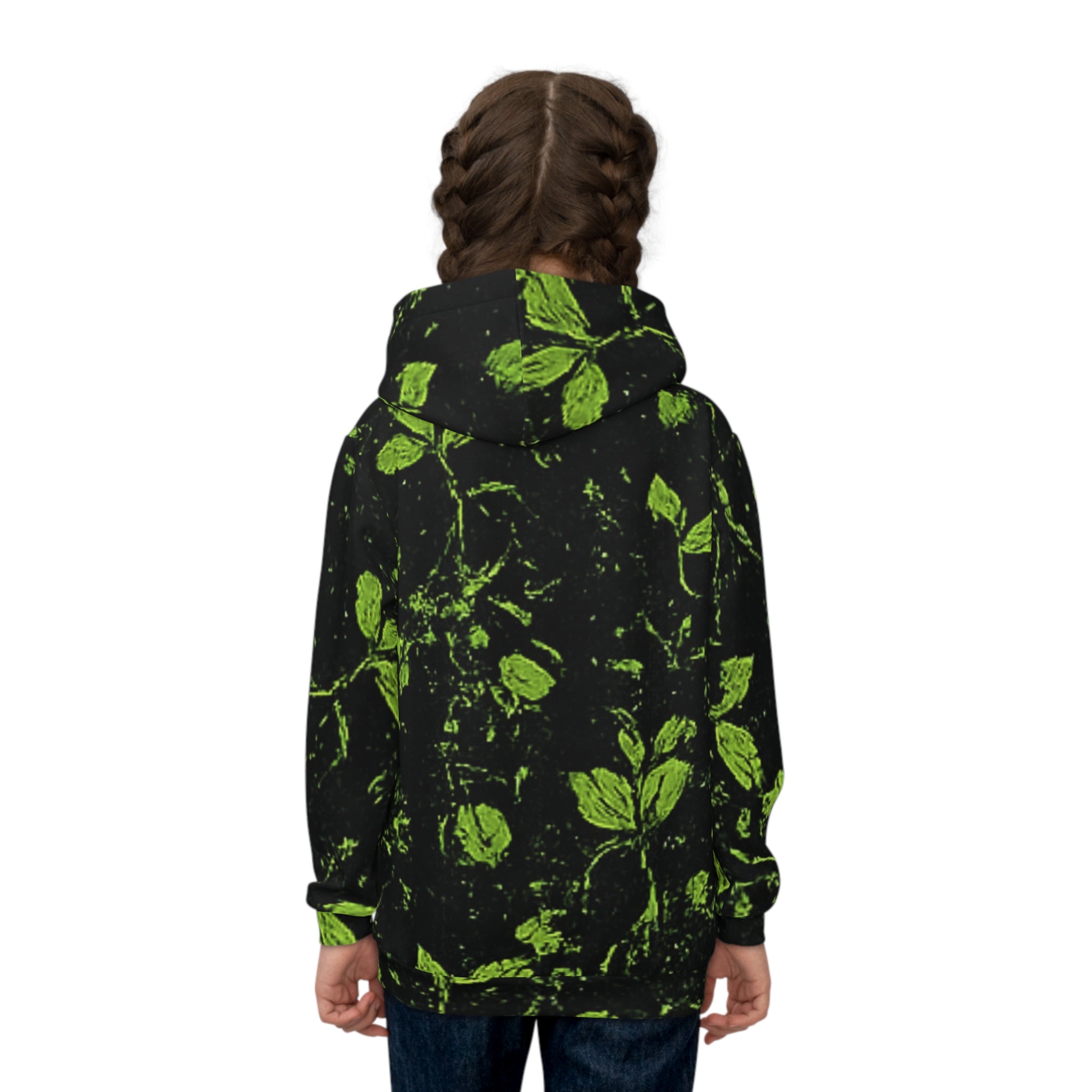 'Plant the Seed' Kids Hoodie — Green Leaf All-Over Print