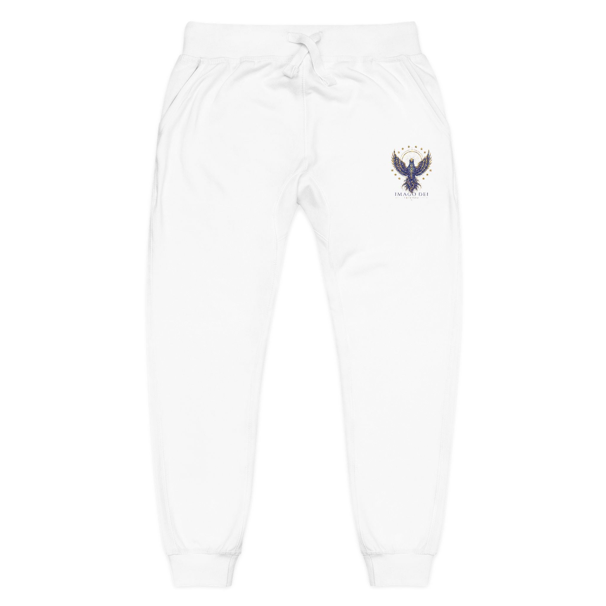 Embroidered IMAGO DEI Fleece Sweatpants — Cozy White Joggers (Freedom Collection)