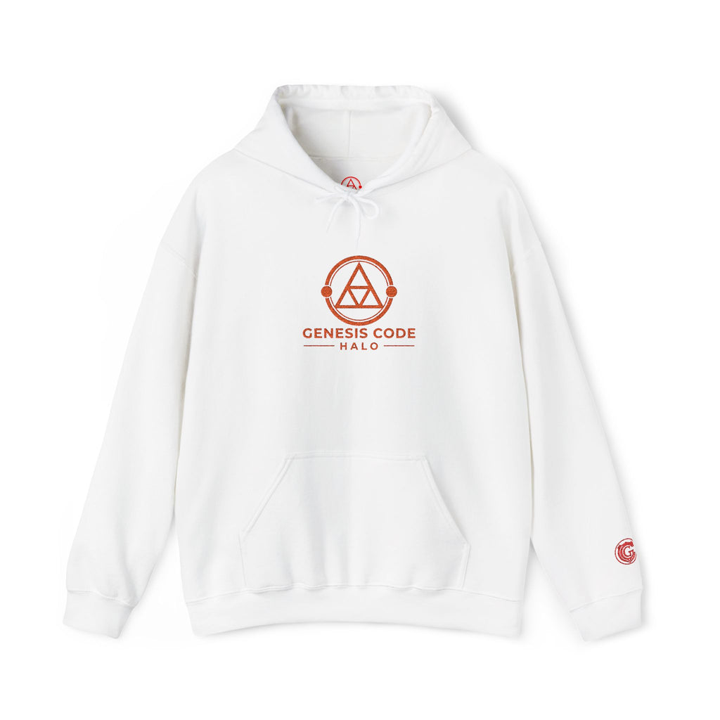Genesis Code HALO ARMOR (White) Hooded Sweatshirt – Minimal Geometric Logo Pullover