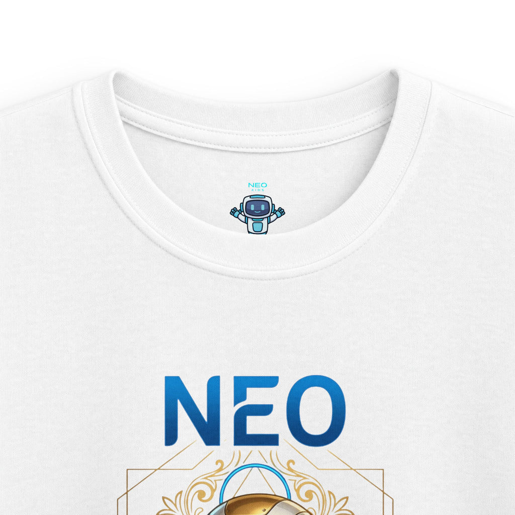 Kids Tee — 'NEO' Robot Graphic with 'Questions Lead to Understanding, Possibilities' Backprint
