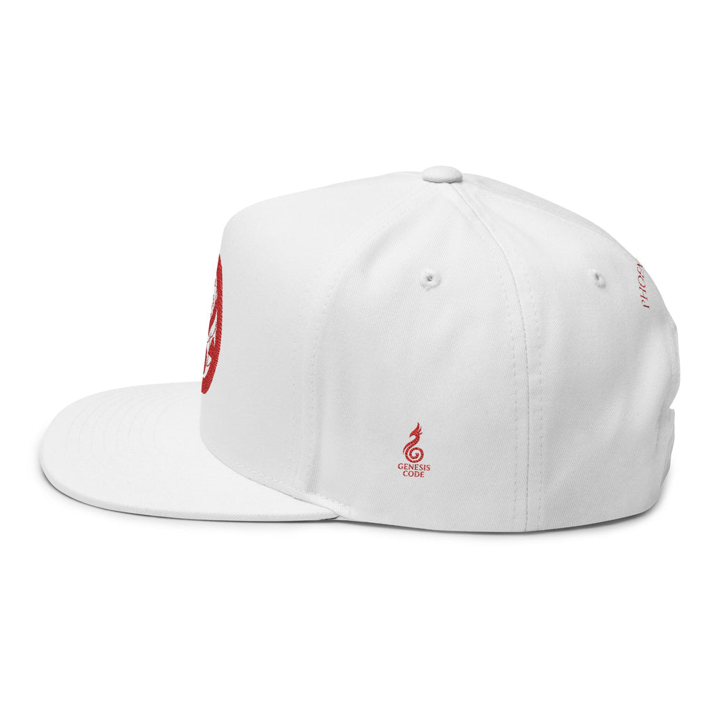 Embroidered Phoenix Life Genesis Code Flat Bill Cap — Red Origin Symbol Snapback