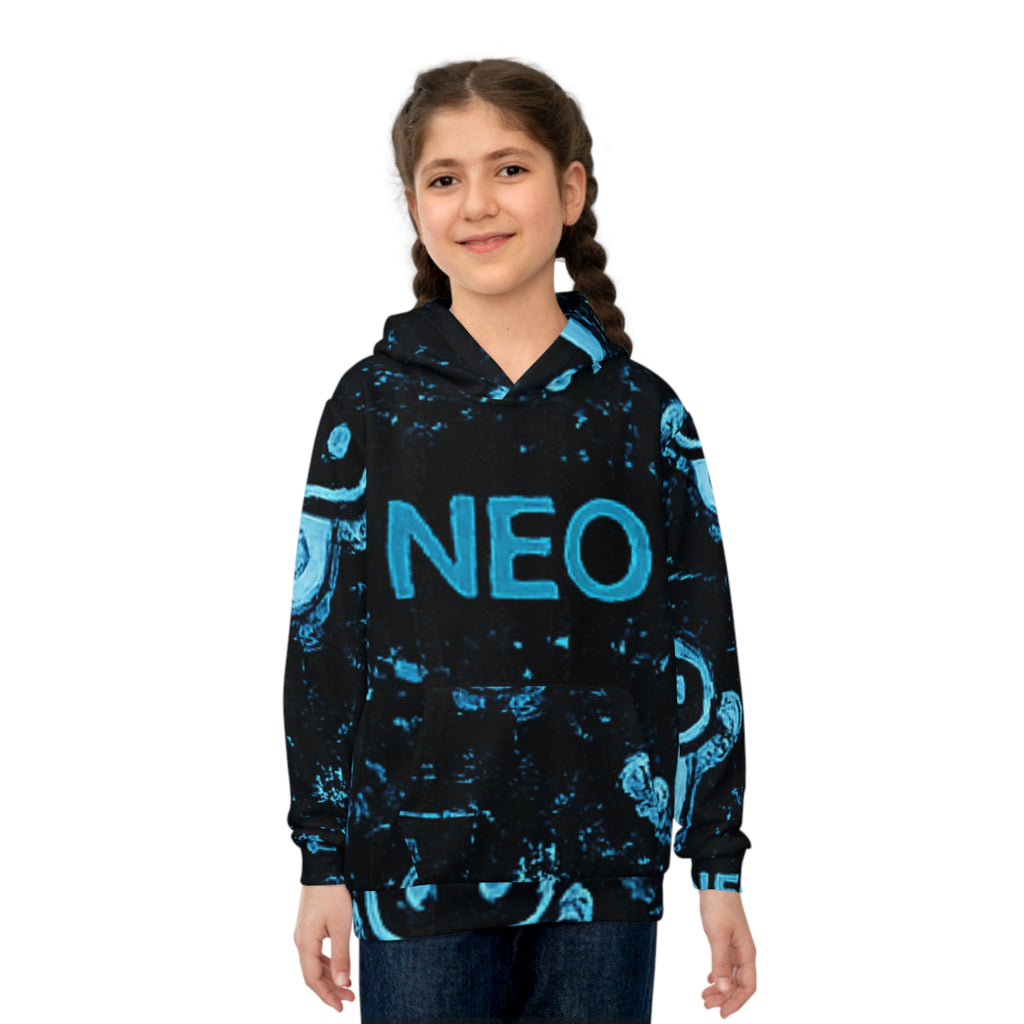 NEO Kids Hoodie — Blue Neon Robot All-Over Print Hoodie for Boys & Girls