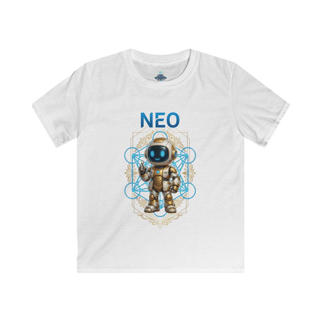 Kids Tee — 'NEO' Robot Graphic with 'Questions Lead to Understanding, Possibilities' Backprint