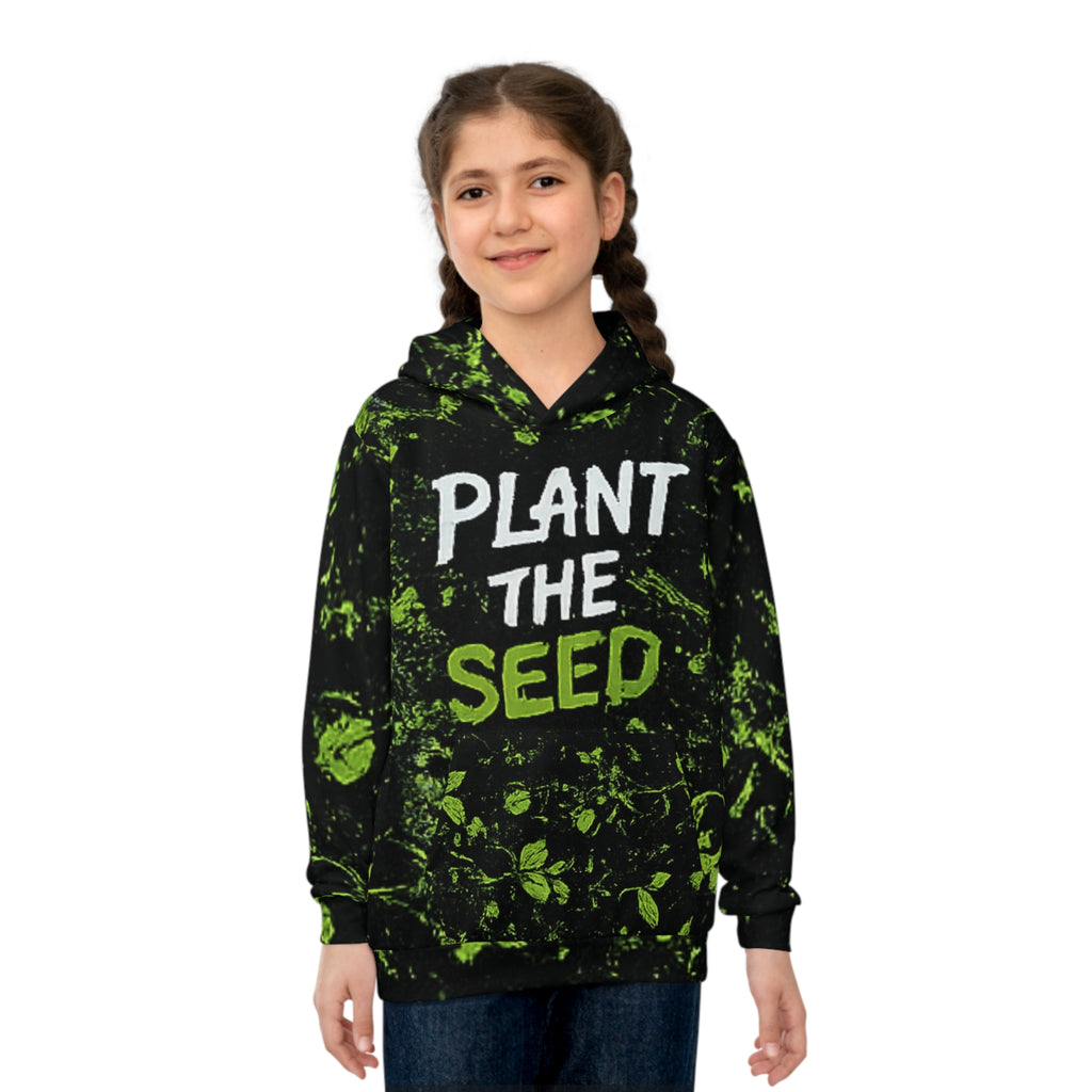 'Plant the Seed' Kids Hoodie — Green Leaf All-Over Print