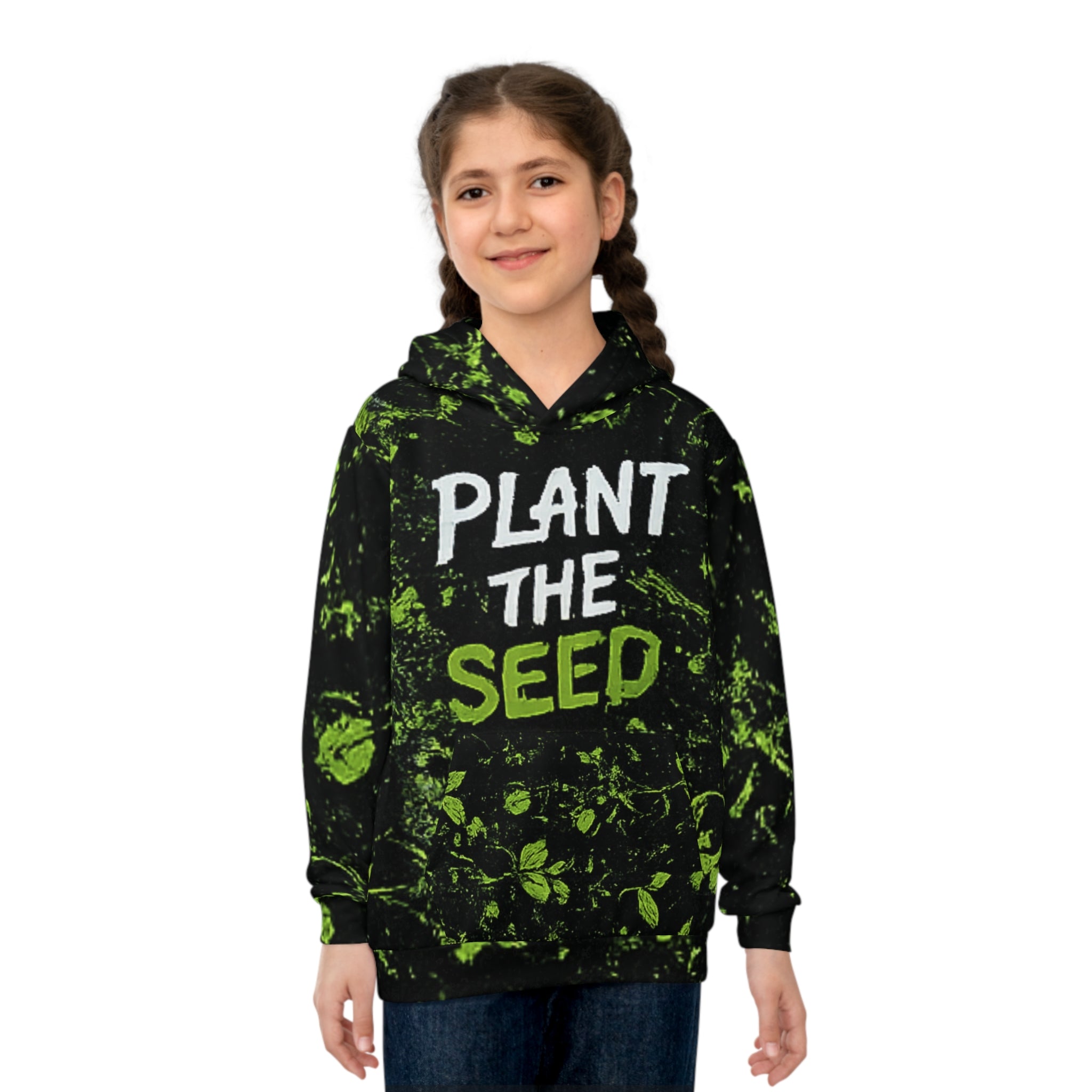 'Plant the Seed' Kids Hoodie — Green Leaf All-Over Print
