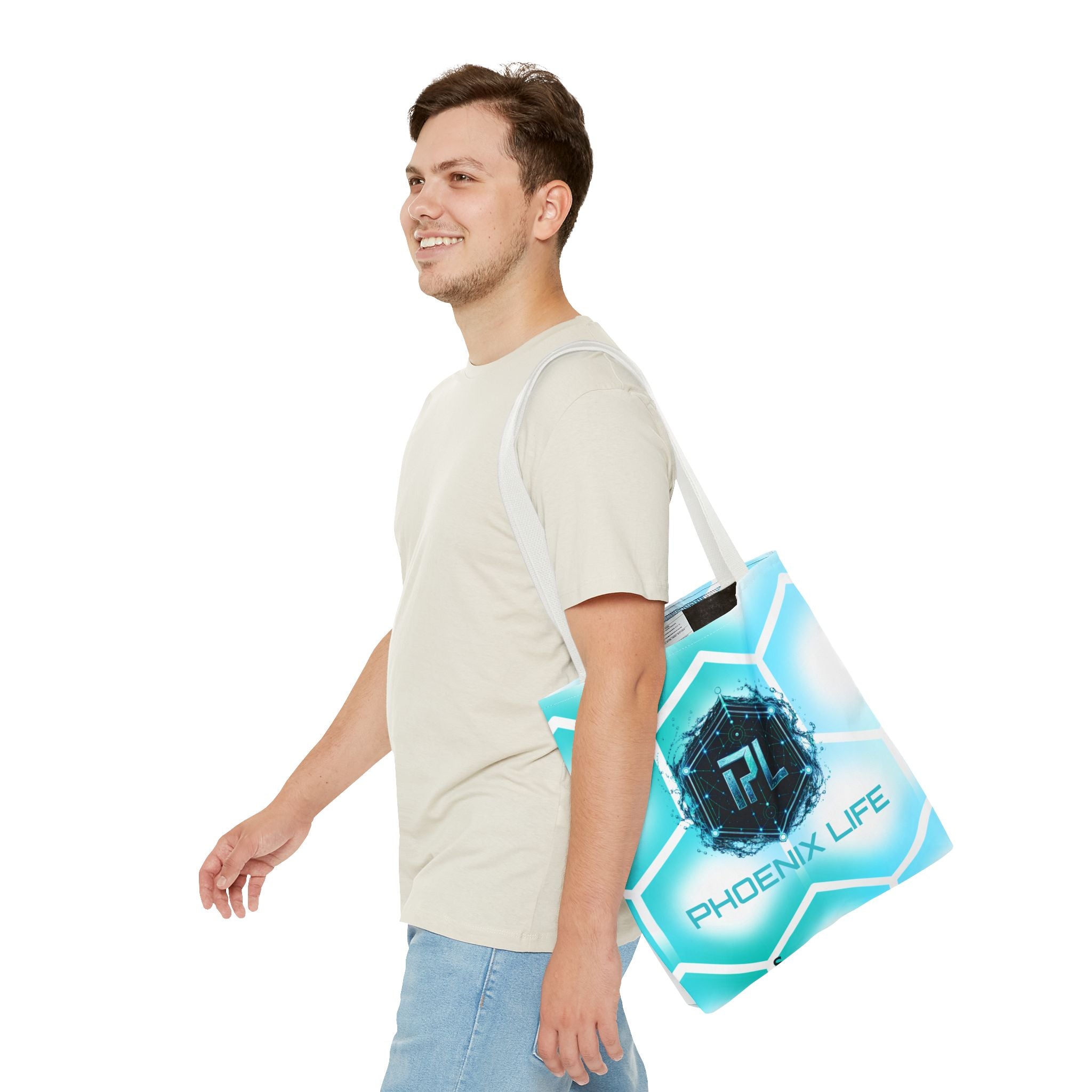 Phoenix Life "AQUA Matrix" Tote Bag - Blue Geometric All-Over Print